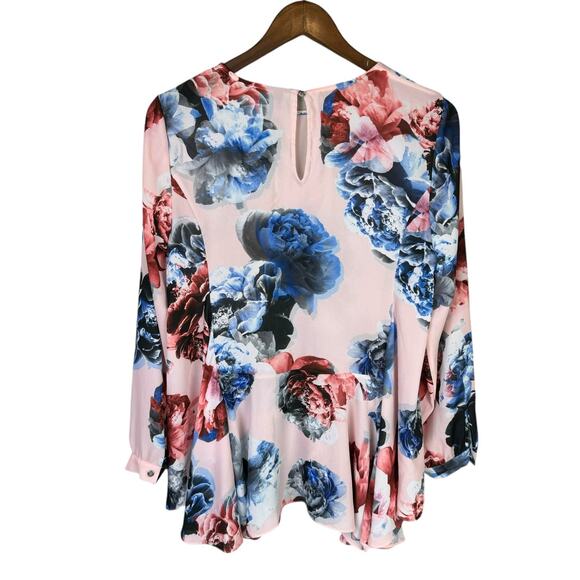 CeCe Pink Peony Floral Print Long Sleeve Peplum Chiffon Tunic Blouse - Picture 8 of 10